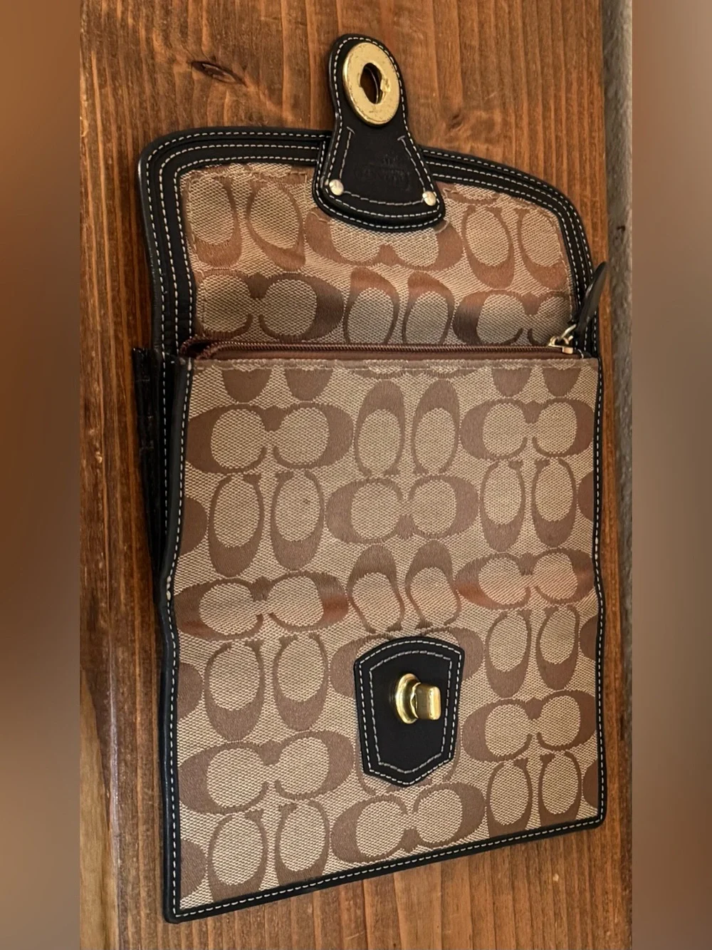 Coach Legacy Signature C Turnlock Long Wallet Brown Black